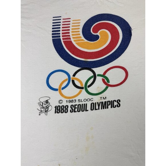 Rare Vintage 80s 1988 Seoul Korea Olympics Sport White Shirt Thrashed Paint Art - Picture 7 of 11